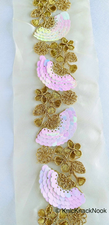 Wholesale Gold Sheer Fabric Trim With Antique Gold Floral Embroidery And Pink White Two Tone Sequins Embellishments, Sequin Border